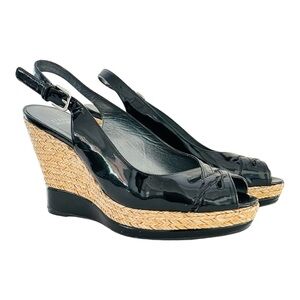 Stuart Weitzman Dolunch Patent Espadrille Wedge Sandal, Black sz 9.5 sling back